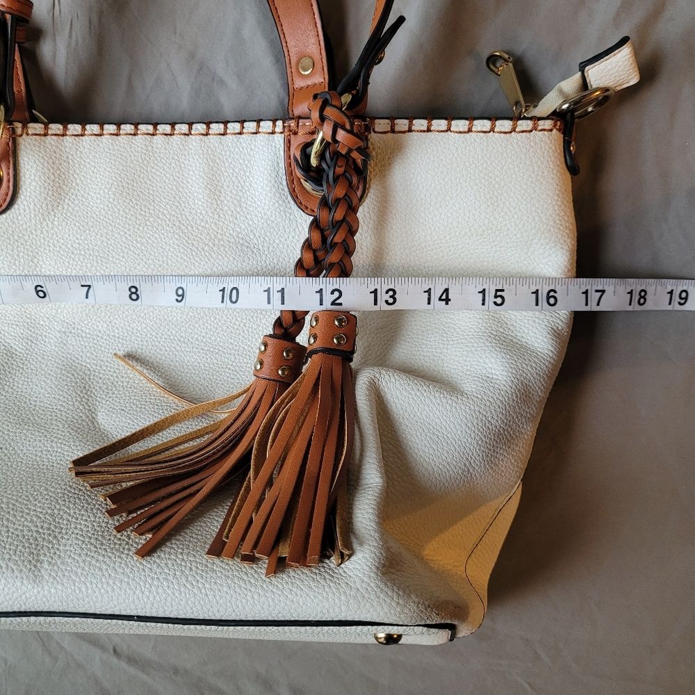 Off White and Brown Leather Tote Shoulder Bag - Picture 2 of 8